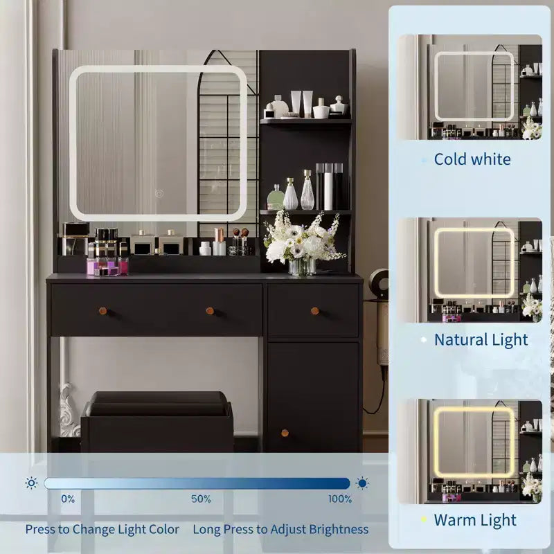 Coiffeuse COZONY avec lumières et miroir, coiffeuse avec station de recharge, support pour sèche-cheveux, tiroirs et étagères de rangement, tabouret rembourré