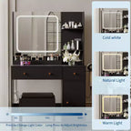 Coiffeuse COZONY avec lumières et miroir, coiffeuse avec station de recharge, support pour sèche-cheveux, tiroirs et étagères de rangement, tabouret rembourré
