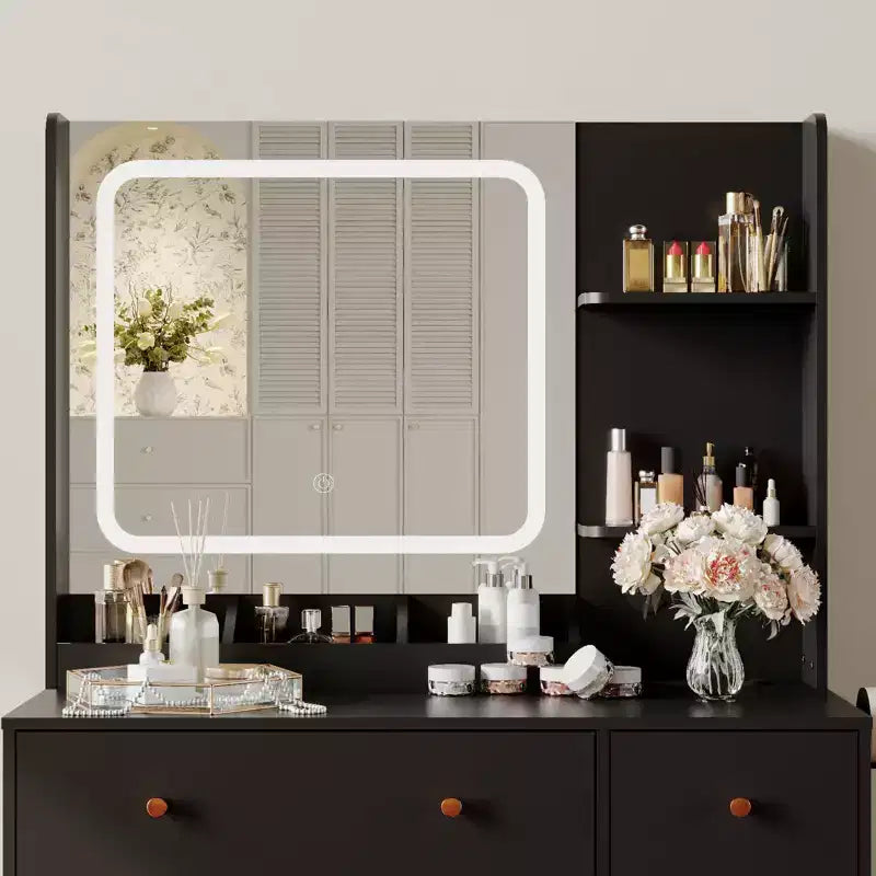 Coiffeuse COZONY avec lumières et miroir, coiffeuse avec station de recharge, support pour sèche-cheveux, tiroirs et étagères de rangement, tabouret rembourré