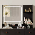 Coiffeuse COZONY avec lumières et miroir, coiffeuse avec station de recharge, support pour sèche-cheveux, tiroirs et étagères de rangement, tabouret rembourré
