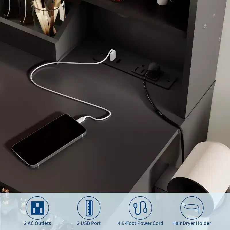 Coiffeuse COZONY avec lumières et miroir, coiffeuse avec station de recharge, support pour sèche-cheveux, tiroirs et étagères de rangement, tabouret rembourré