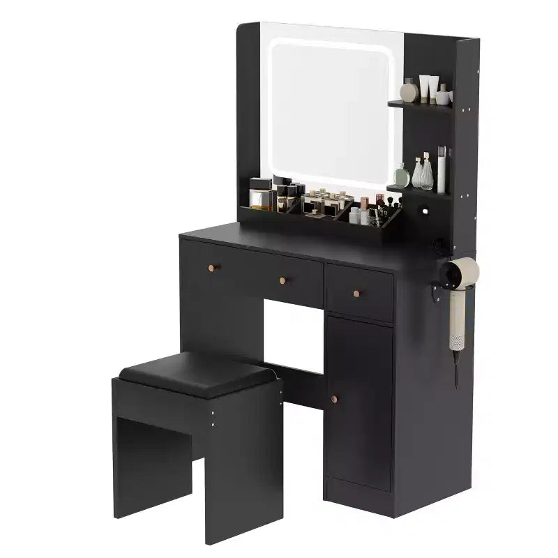 Coiffeuse COZONY avec lumières et miroir, coiffeuse avec station de recharge, support pour sèche-cheveux, tiroirs et étagères de rangement, tabouret rembourré