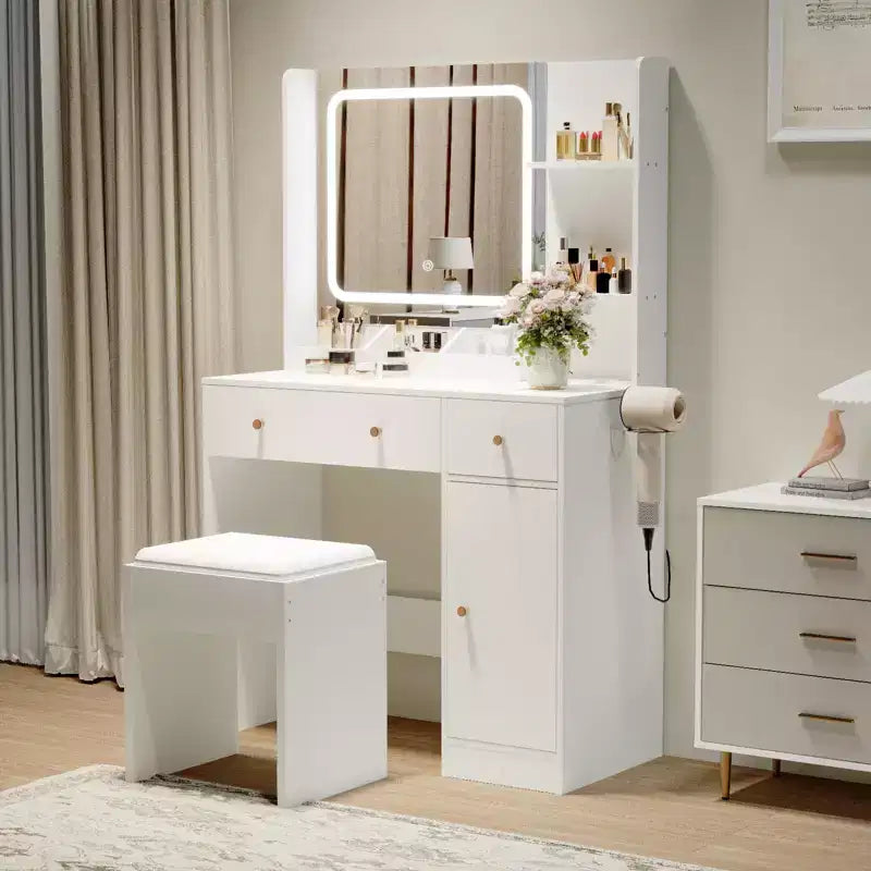 Coiffeuse COZONY avec lumières et miroir, coiffeuse avec station de recharge, support pour sèche-cheveux, tiroirs et étagères de rangement, tabouret rembourré