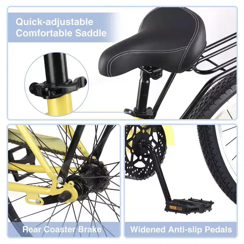 Vélo de plage Whisen 26 pour hommes, vélo à vitesse unique avec cadre en acier, roues larges pour la stabilité