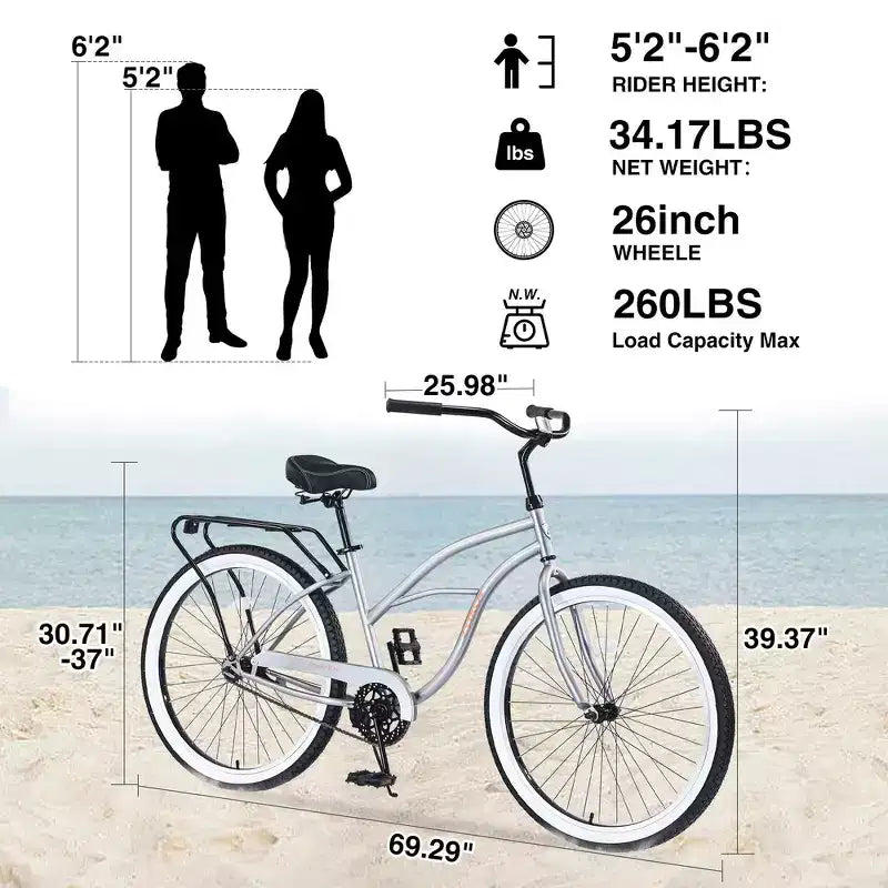 Vélo de plage Whisen 26 pour hommes, vélo à vitesse unique avec cadre en acier, roues larges pour la stabilité