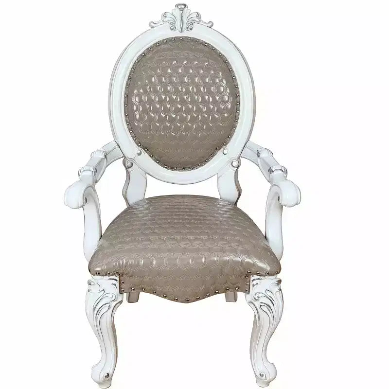 HomeRoots Lot de deux chaises de salle à manger avec accoudoirs, dossier King Louis, en similicuir rembourré gris et blanc et bois massif