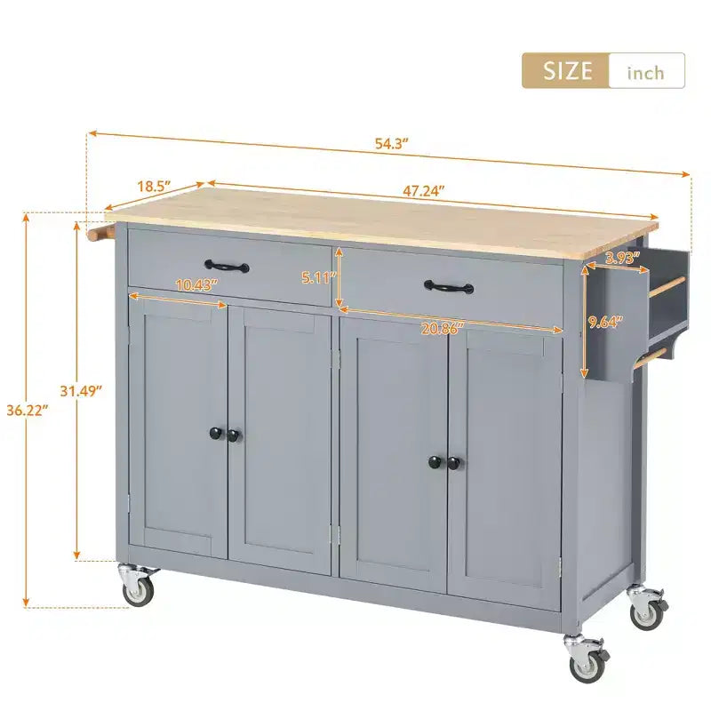 Dessert de cuisine Okak avec plateau en bois et roulettes verrouillables, chariot de cuisine avec 4 portes, porte-serviettes, 2 tiroirs et étagère à épices pour salle à manger