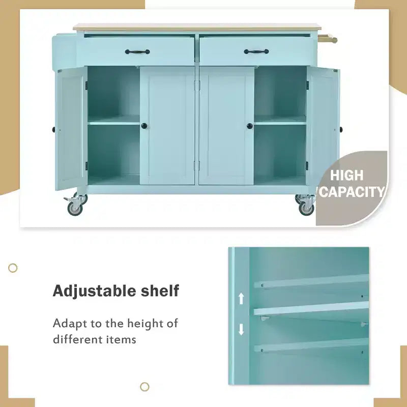 Dessert de cuisine Okak avec plateau en bois et roulettes verrouillables, chariot de cuisine avec 4 portes, porte-serviettes, 2 tiroirs et étagère à épices pour salle à manger