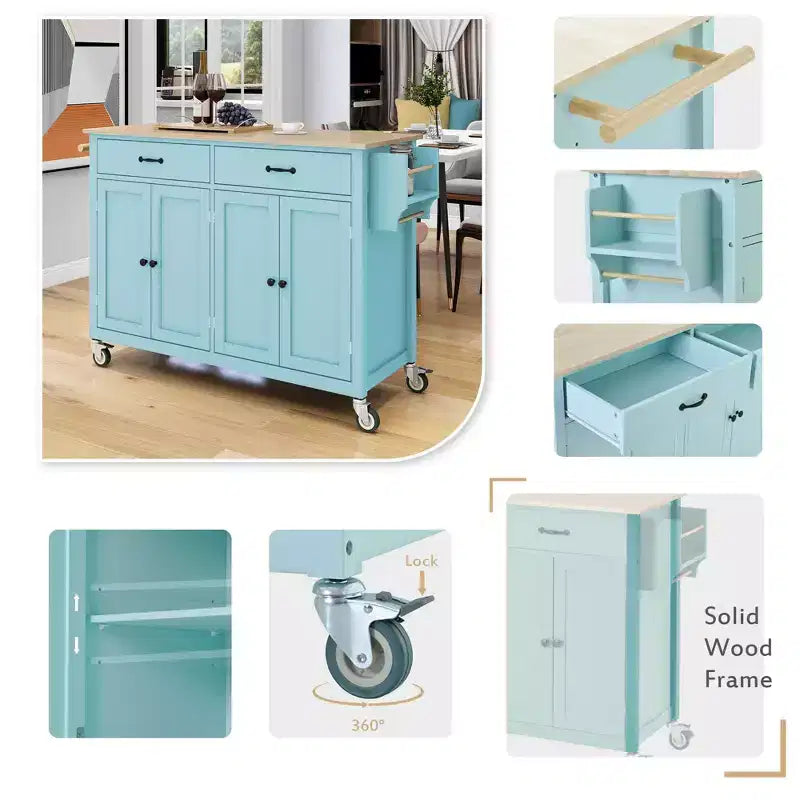 Dessert de cuisine Okak avec plateau en bois et roulettes verrouillables, chariot de cuisine avec 4 portes, porte-serviettes, 2 tiroirs et étagère à épices pour salle à manger