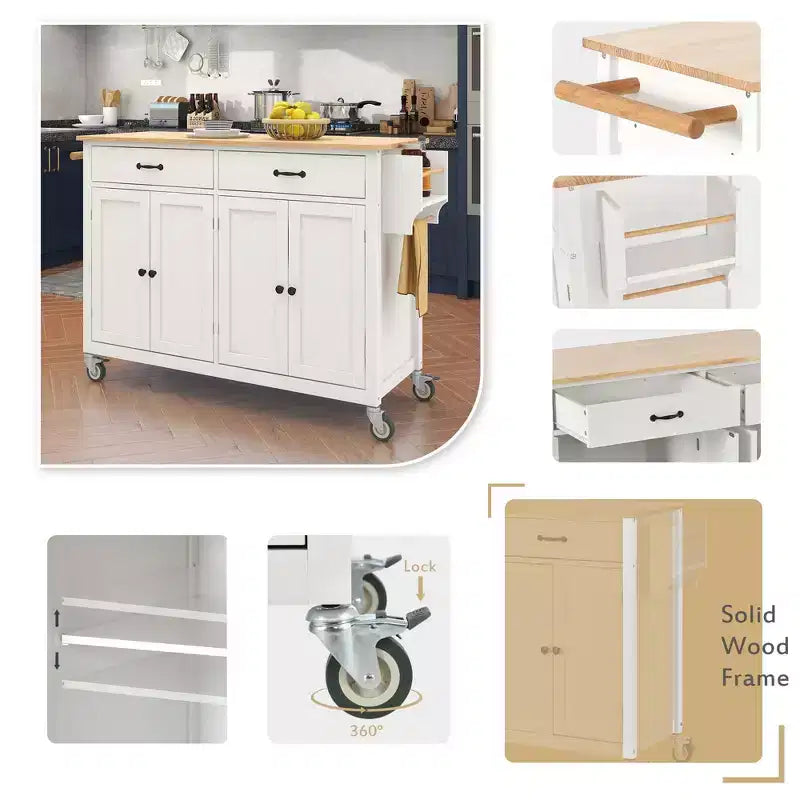 Dessert de cuisine Okak avec plateau en bois et roulettes verrouillables, chariot de cuisine avec 4 portes, porte-serviettes, 2 tiroirs et étagère à épices pour salle à manger