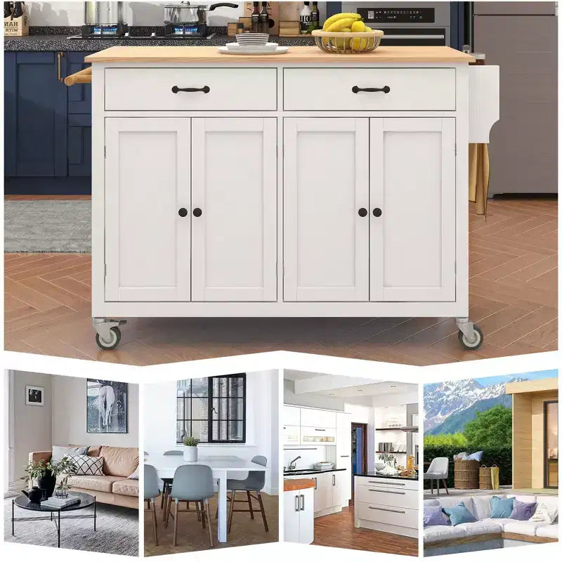 Dessert de cuisine Okak avec plateau en bois et roulettes verrouillables, chariot de cuisine avec 4 portes, porte-serviettes, 2 tiroirs et étagère à épices pour salle à manger