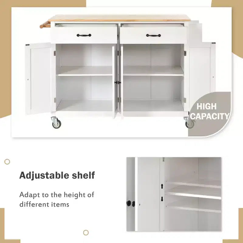 Dessert de cuisine Okak avec plateau en bois et roulettes verrouillables, chariot de cuisine avec 4 portes, porte-serviettes, 2 tiroirs et étagère à épices pour salle à manger