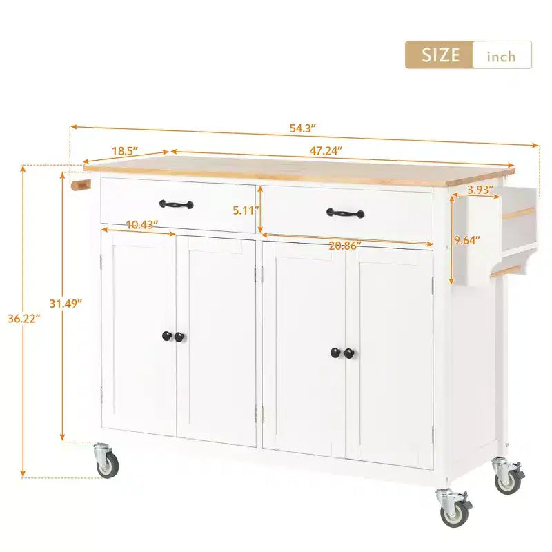 Dessert de cuisine Okak avec plateau en bois et roulettes verrouillables, chariot de cuisine avec 4 portes, porte-serviettes, 2 tiroirs et étagère à épices pour salle à manger