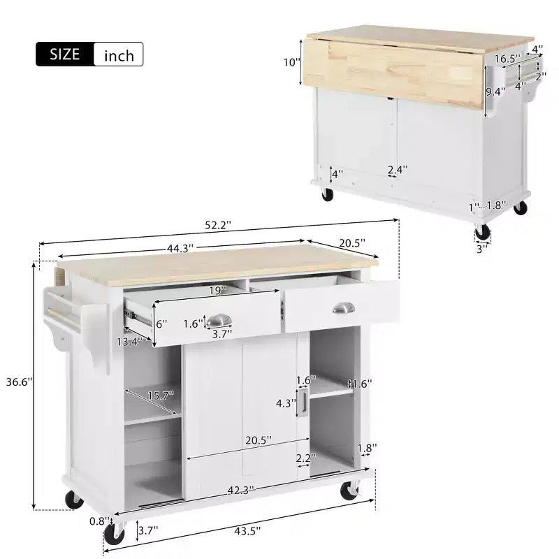 Îlot de cuisine Okak avec plan de travail à rallonge en bois d'hévéa, chariot de cuisine avec porte coulissante dissimulée et 2 tiroirs, organisateur de comptoir