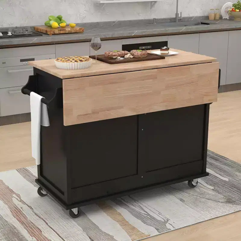 Îlot de cuisine Okak avec plan de travail à rallonge en bois d'hévéa, chariot de cuisine avec porte coulissante dissimulée et 2 tiroirs, organisateur de comptoir