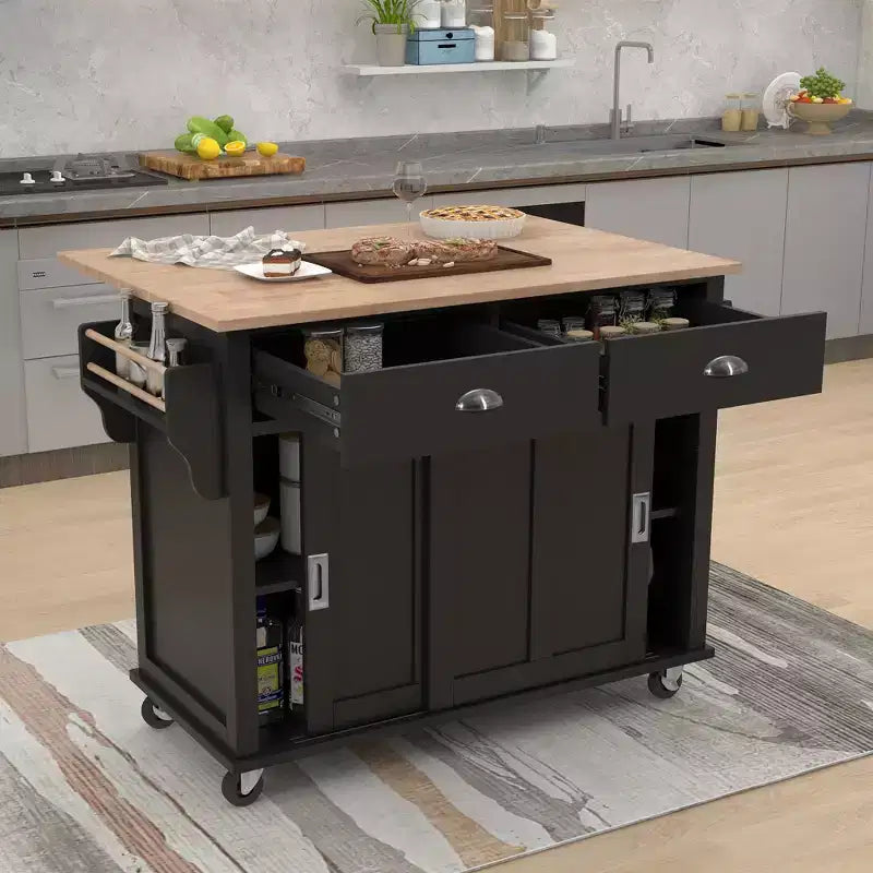 Îlot de cuisine Okak avec plan de travail à rallonge en bois d'hévéa, chariot de cuisine avec porte coulissante dissimulée et 2 tiroirs, organisateur de comptoir