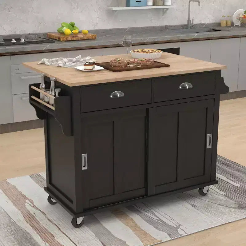 Îlot de cuisine Okak avec plan de travail à rallonge en bois d'hévéa, chariot de cuisine avec porte coulissante dissimulée et 2 tiroirs, organisateur de comptoir
