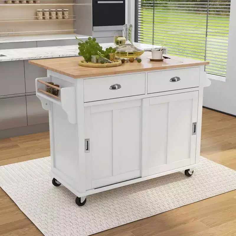 Okak Kitchen Island with Rubberwood Drop-Leaf Countertop, Kitchen Cart with Concealed Sliding Barn Door and 2 Drawers, Countertop Organizer