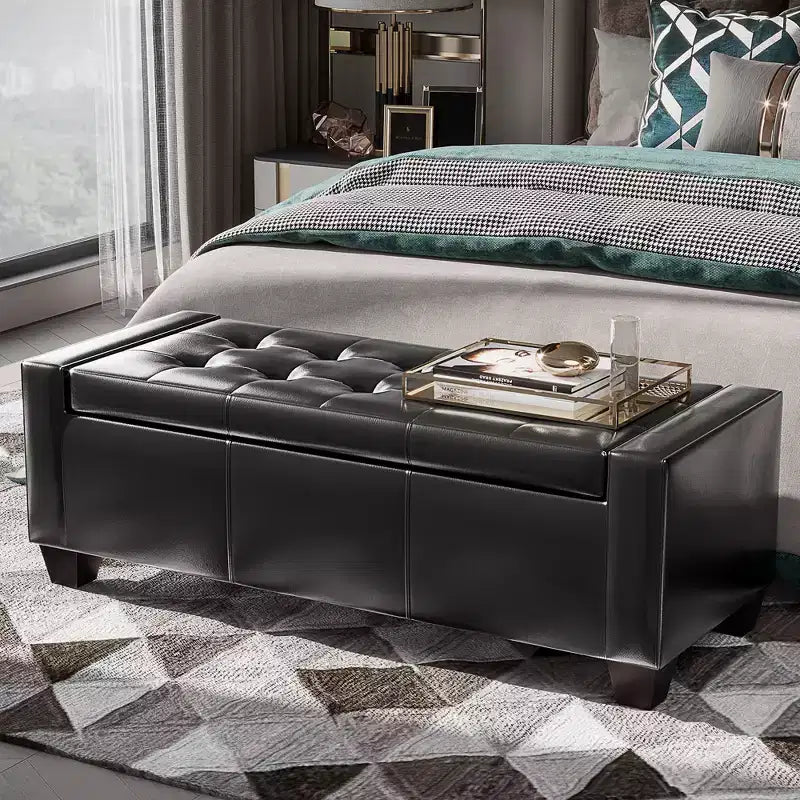 Pouffe ottoman de rangement de 51", banc de rangement ottoman avec charnière de sécurité, banc d'entrée rembourré en similicuir avec assise pour salon, chambre à coucher