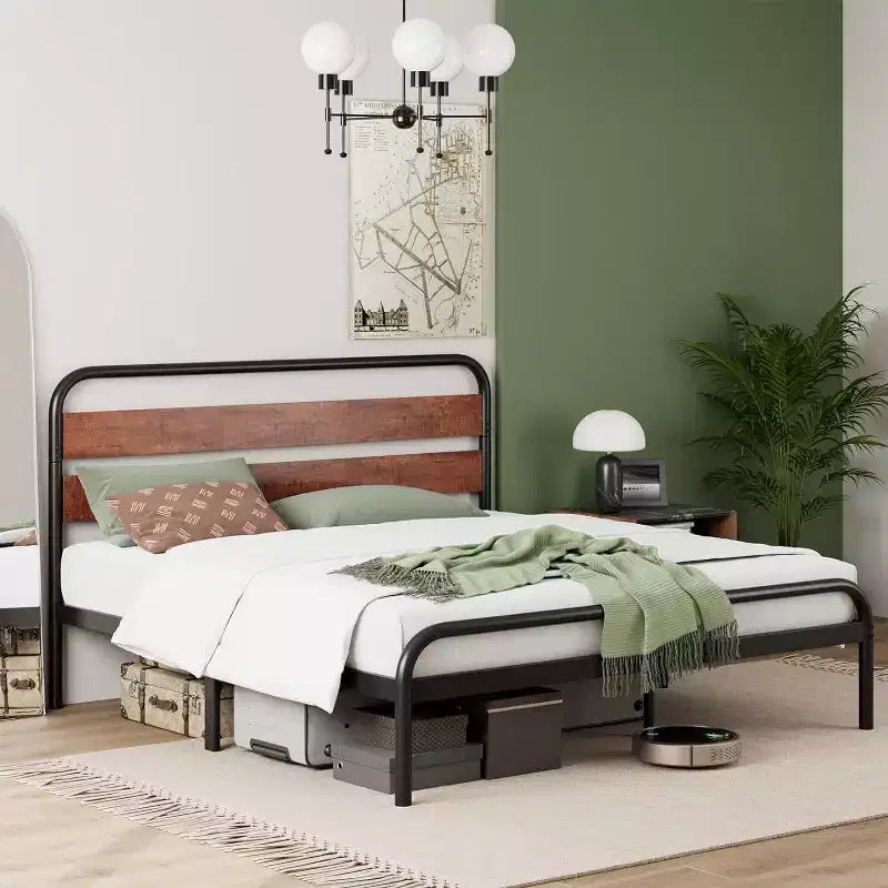 King Size Bed Frame, Heavy Duty Metal Platform Bed Frame with Wood Headboard, Full Bed Frame with Under Bed Storage Space and Solid Slat Support