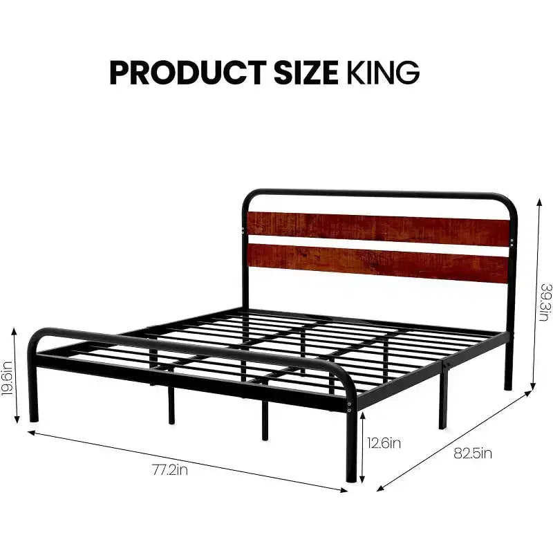 Cadre de lit King Size, Cadre de lit plateforme en métal robuste avec tête de lit en bois, Cadre de lit double avec espace de rangement sous le lit et support à lattes solides