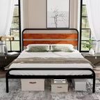 Cadre de lit King Size, Cadre de lit plateforme en métal robuste avec tête de lit en bois, Cadre de lit double avec espace de rangement sous le lit et support à lattes solides