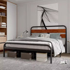 Cadre de lit King Size, Cadre de lit plateforme en métal robuste avec tête de lit en bois, Cadre de lit double avec espace de rangement sous le lit et support à lattes solides