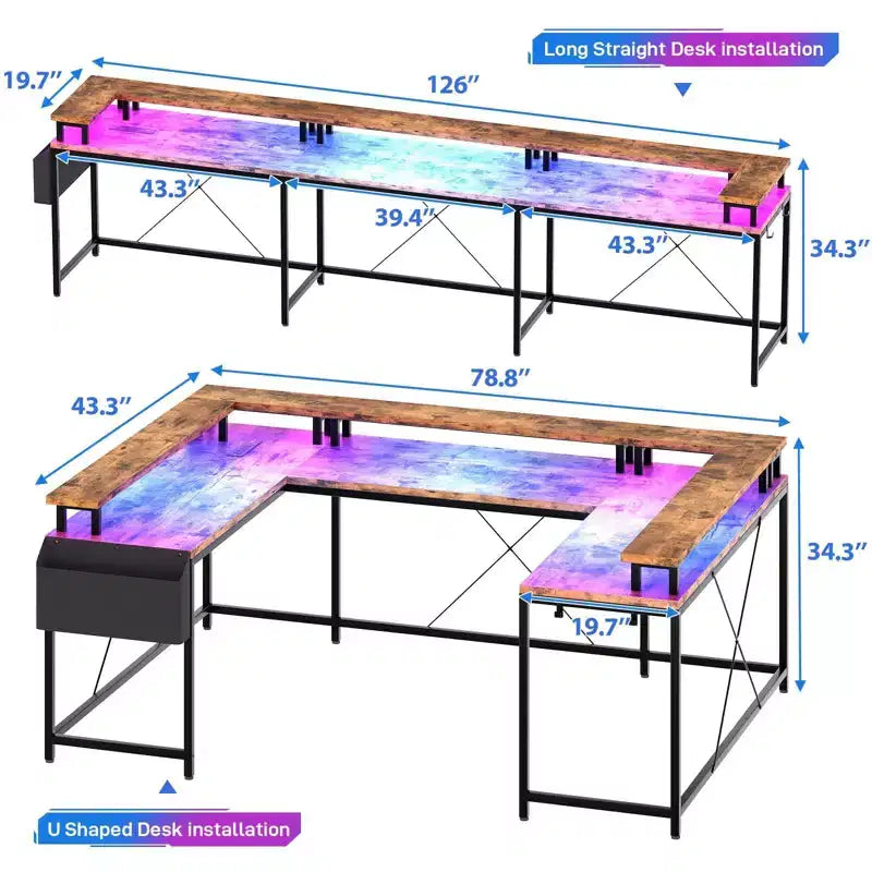 Bureau de jeu en L avec multiprise et lumières LED, bureau d'ordinateur réversible en U avec support d'écran, grande station de travail d'angle