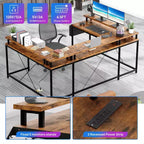 Bureau de jeu en L avec multiprise et lumières LED, bureau d'ordinateur réversible en U avec support d'écran, grande station de travail d'angle