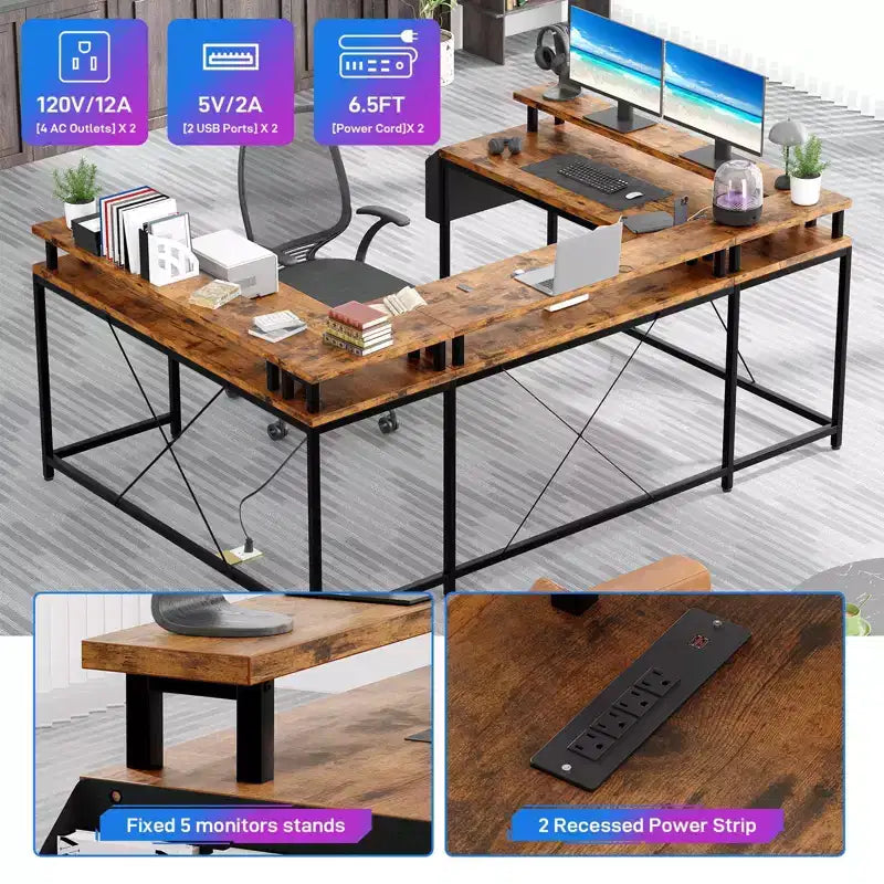 Bureau de jeu en L avec multiprise et lumières LED, bureau d'ordinateur réversible en U avec support d'écran, grande station de travail d'angle