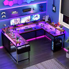 Bureau de jeu en L avec multiprise et lumières LED, bureau d'ordinateur réversible en U avec support d'écran, grande station de travail d'angle