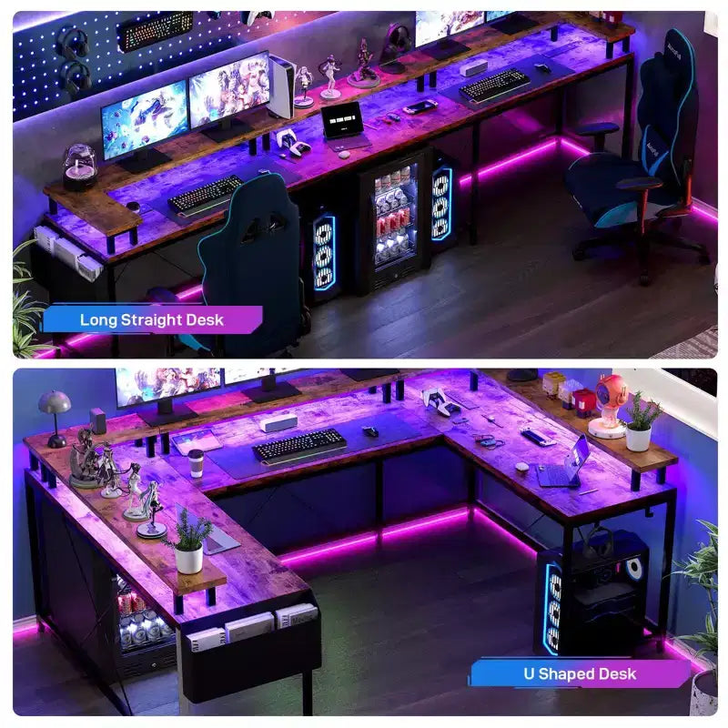 Bureau de jeu en L avec multiprise et lumières LED, bureau d'ordinateur réversible en U avec support d'écran, grande station de travail d'angle