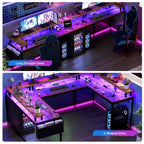 Bureau de jeu en L avec multiprise et lumières LED, bureau d'ordinateur réversible en U avec support d'écran, grande station de travail d'angle