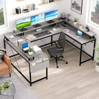 Bureau de jeu en L avec multiprise et lumières LED, bureau d'ordinateur réversible en U avec support d'écran, grande station de travail d'angle