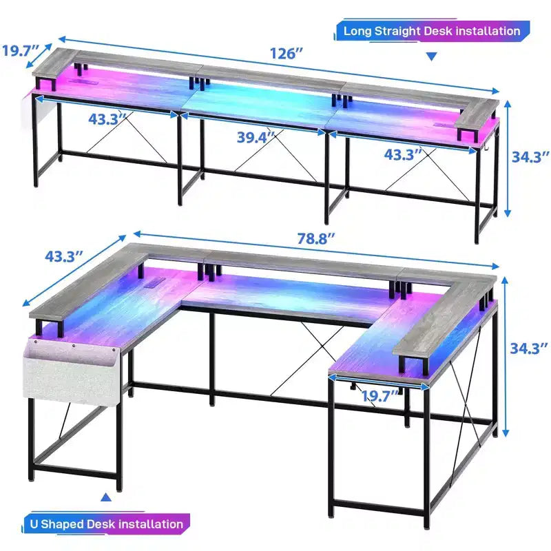 Bureau de jeu en L avec multiprise et lumières LED, bureau d'ordinateur réversible en U avec support d'écran, grande station de travail d'angle