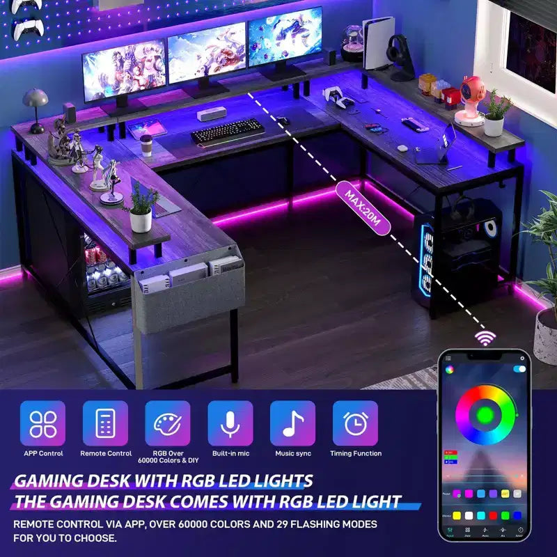 Bureau de jeu en L avec multiprise et lumières LED, bureau d'ordinateur réversible en U avec support d'écran, grande station de travail d'angle