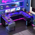Bureau de jeu en L avec multiprise et lumières LED, bureau d'ordinateur réversible en U avec support d'écran, grande station de travail d'angle