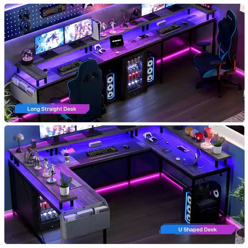 Bureau de jeu en L avec multiprise et lumières LED, bureau d'ordinateur réversible en U avec support d'écran, grande station de travail d'angle