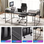 Bureau de jeu en L avec multiprise et lumières LED, bureau d'ordinateur réversible en U avec support d'écran, grande station de travail d'angle