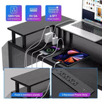Bureau de jeu en L avec multiprise et lumières LED, bureau d'ordinateur réversible en U avec support d'écran, grande station de travail d'angle