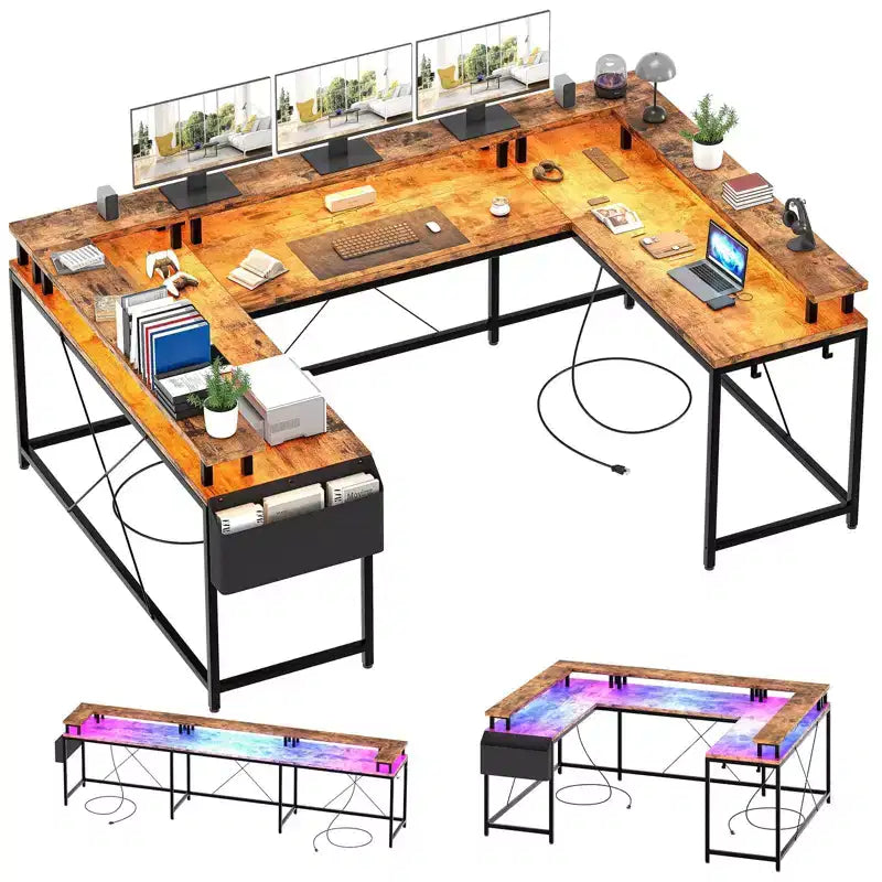 Bureau de jeu en L avec multiprise et lumières LED, bureau d'ordinateur réversible en U avec support d'écran, grande station de travail d'angle