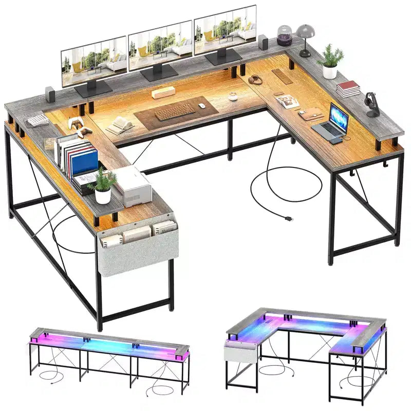Bureau de jeu en L avec multiprise et lumières LED, bureau d'ordinateur réversible en U avec support d'écran, grande station de travail d'angle