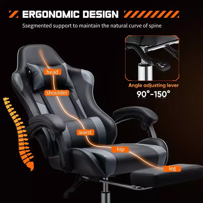 Chaise de jeu ergonomique Okak avec repose-pieds et soutien lombaire, chaise d'ordinateur avec appuie-tête et accoudoir, chaise à roulettes pour l'étude et le bureau