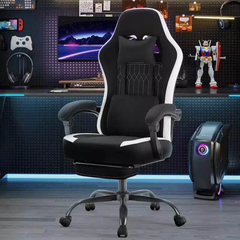 Chaise de bureau ergonomique Okak avec accoudoirs rembourrés, chaise de jeu avec repose-pieds et soutien lombaire, chaise pivotante à roulettes pour la maison et le bureau