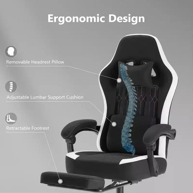 Chaise de bureau ergonomique Okak avec accoudoirs rembourrés, chaise de jeu avec repose-pieds et soutien lombaire, chaise pivotante à roulettes pour la maison et le bureau