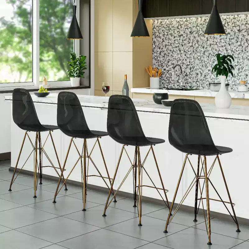 Tabouret de Bar Moderne en Acrylique LeisureMod Cresco, Base et Repose-Pieds en Acier Doré, Chaise de Hauteur Comptoir pour Cuisine, Bar à Petit-Déjeuner ou Salle à Manger, Lot de 2