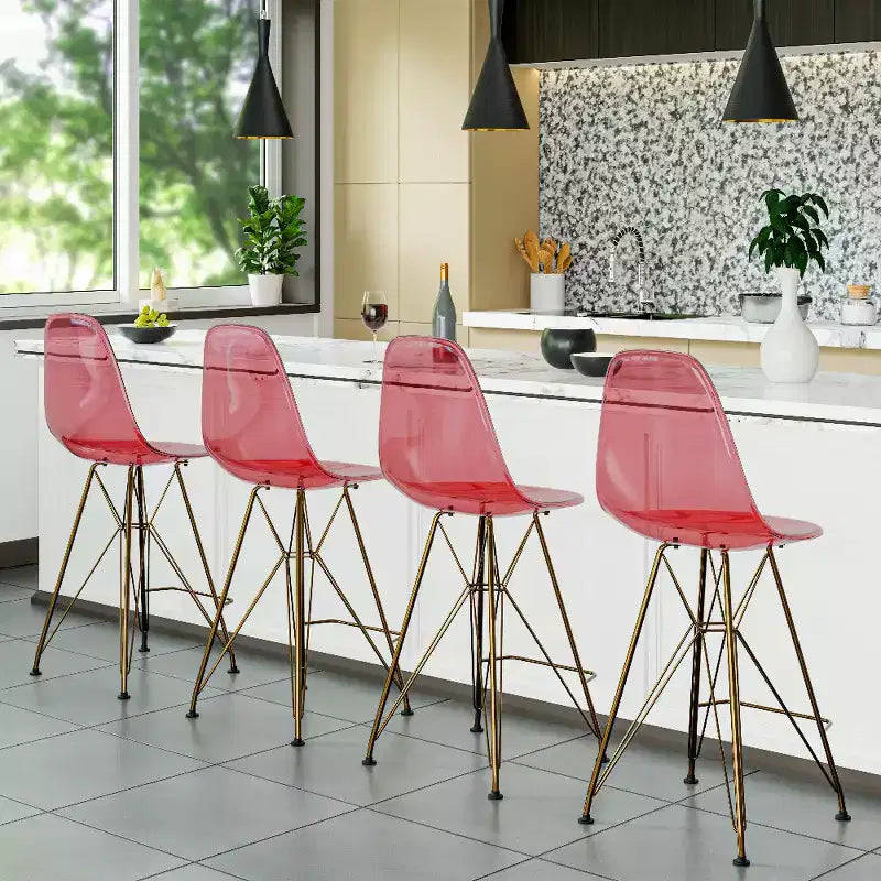 Tabouret de Bar Moderne en Acrylique LeisureMod Cresco, Base et Repose-Pieds en Acier Doré, Chaise de Hauteur Comptoir pour Cuisine, Bar à Petit-Déjeuner ou Salle à Manger, Lot de 2