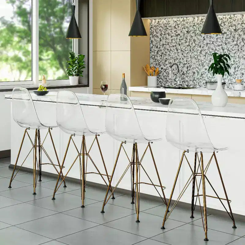 Tabouret de Bar Moderne en Acrylique LeisureMod Cresco, Base et Repose-Pieds en Acier Doré, Chaise de Hauteur Comptoir pour Cuisine, Bar à Petit-Déjeuner ou Salle à Manger, Lot de 2
