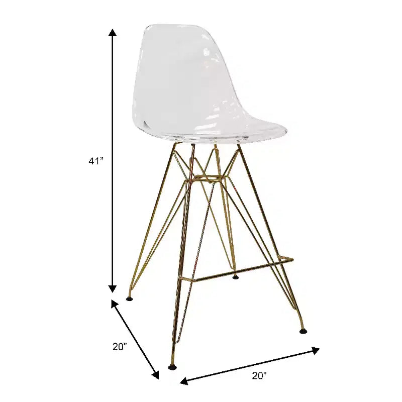 Tabouret de Bar Moderne en Acrylique LeisureMod Cresco, Base et Repose-Pieds en Acier Doré, Chaise de Hauteur Comptoir pour Cuisine, Bar à Petit-Déjeuner ou Salle à Manger, Lot de 2