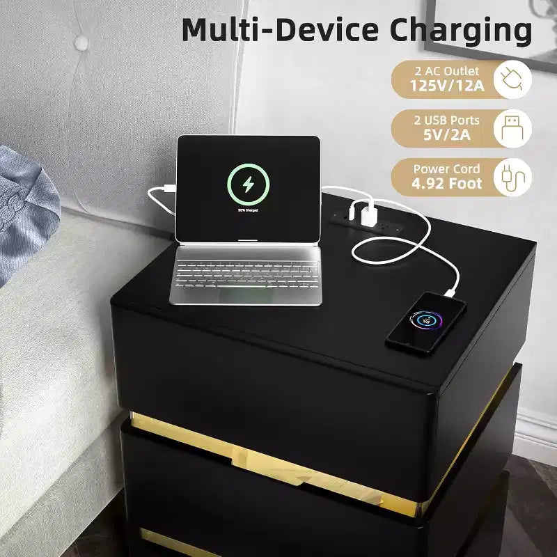 Table de Chevet VINGLI LED avec Station de Recharge, Table de Chevet 3 Tiroirs Noir